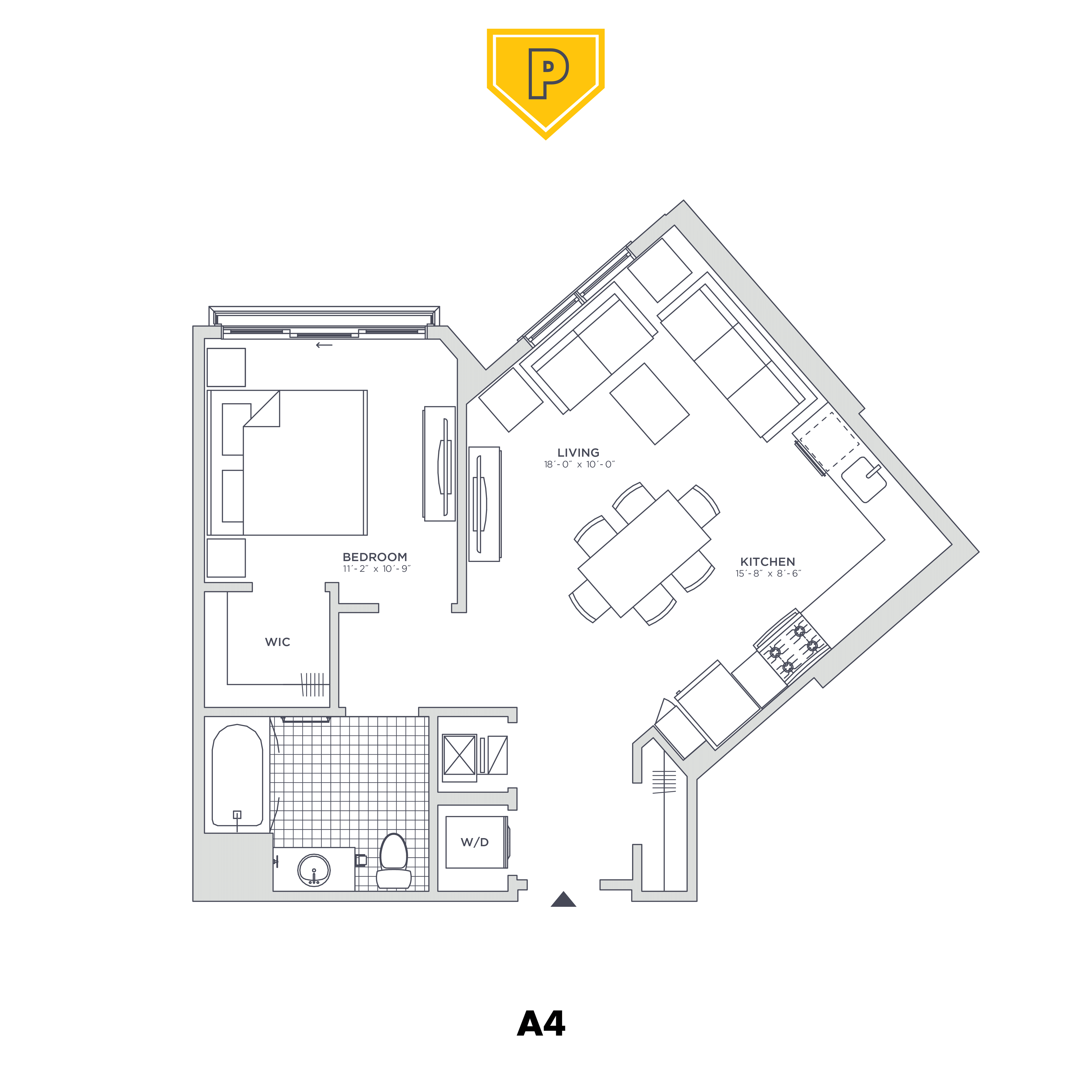 Floor plan for 1 bed, 1 bath, 699 sqft
